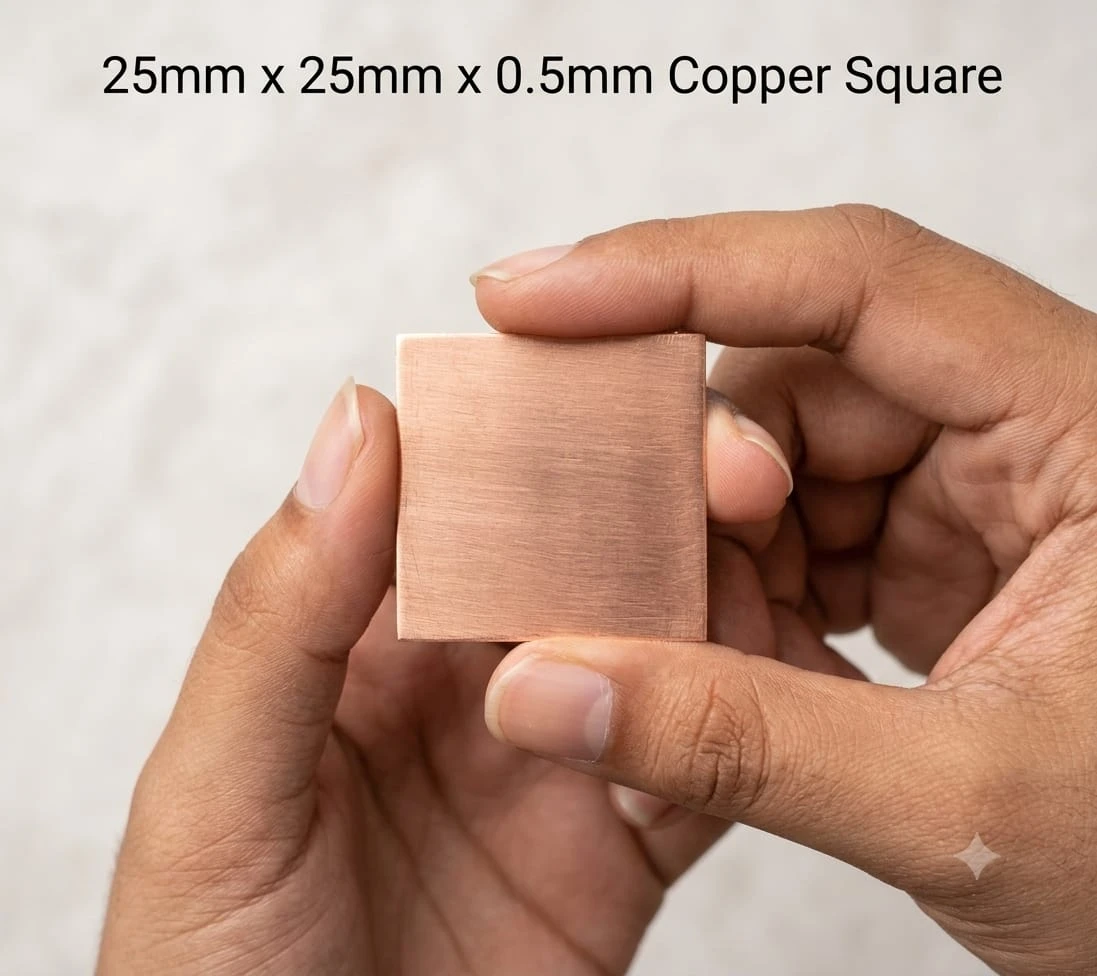 Copper square pinched between fingers, with 25mm x 25mm x 0.5mm size text above