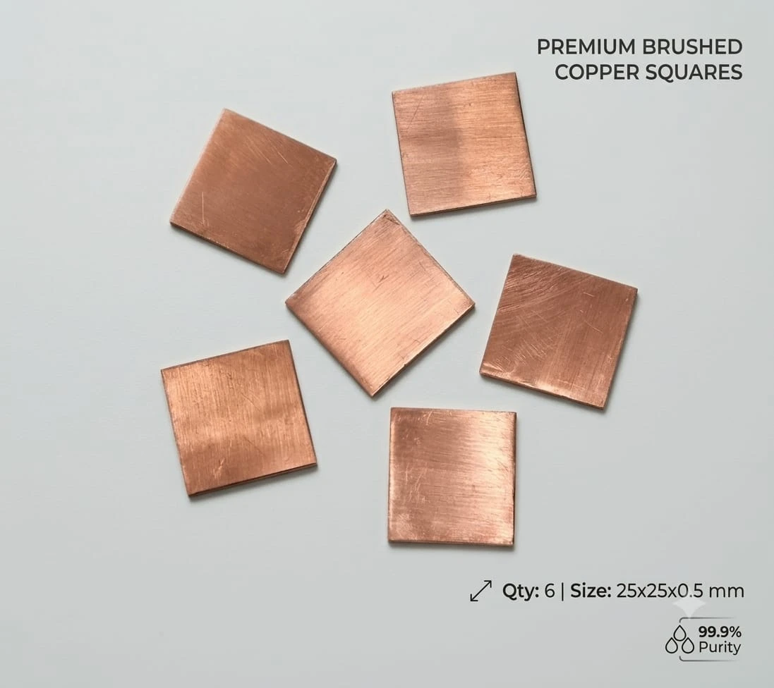 Six  copper square pieces  arranged in a loose circle on a light grey background