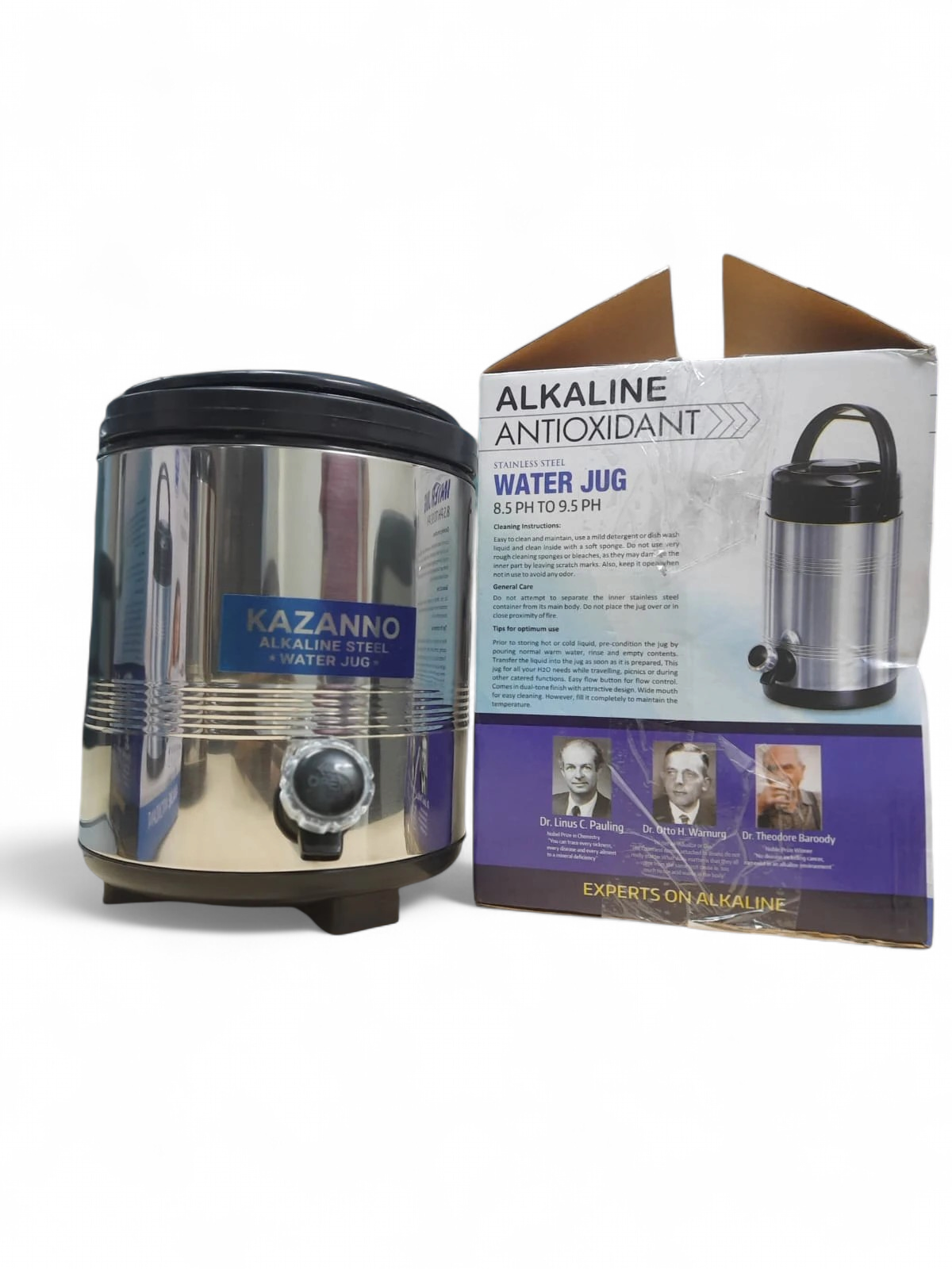 Front view of Kazanno alkaline steel water jug next to the box showing cleaning instructions