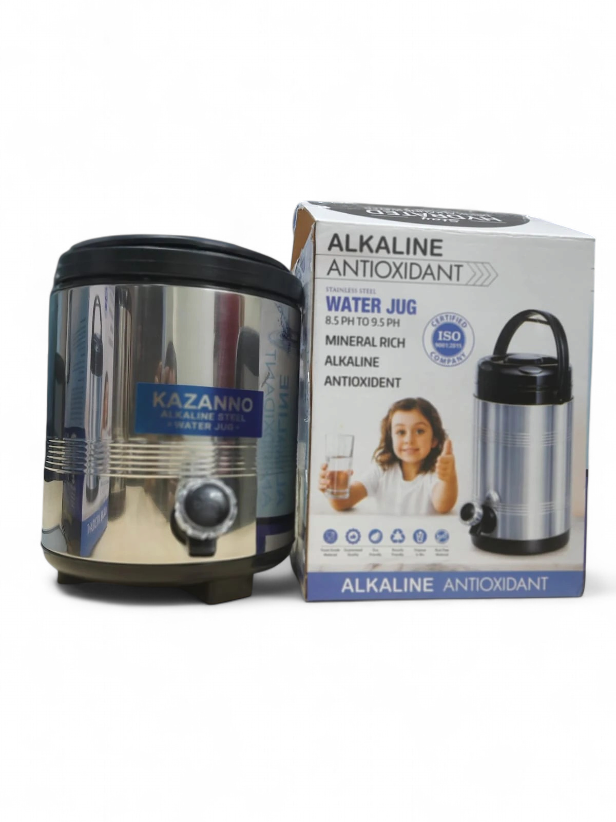 Jug beside front-facing retail box highlighting alkaline antioxidant water jug branding