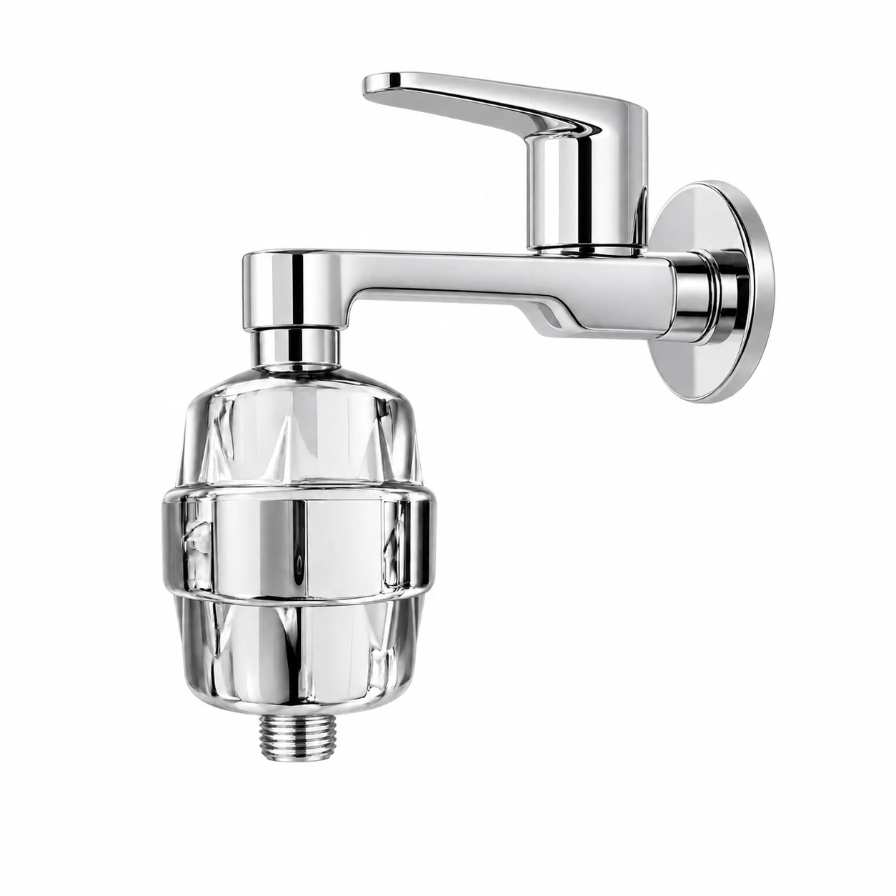 Wall-mounted chrome faucet with filter unit attached beneath the spout on a white background