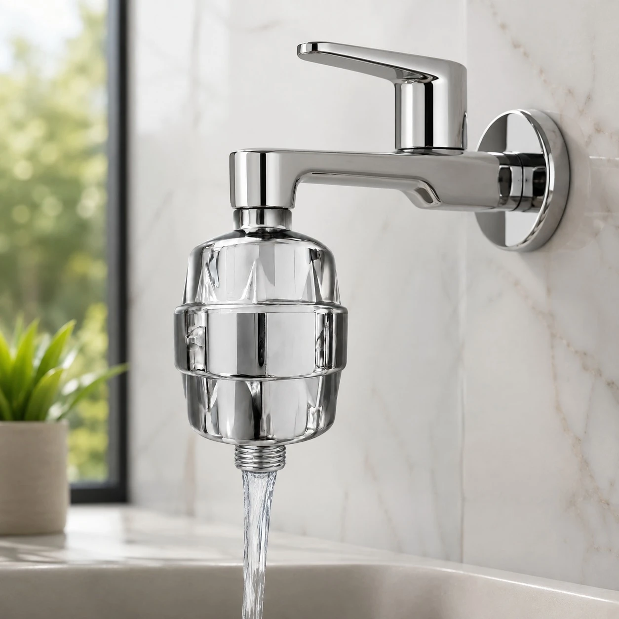 Chrome faucet filter installed on a sink tap with water flowing into the basin