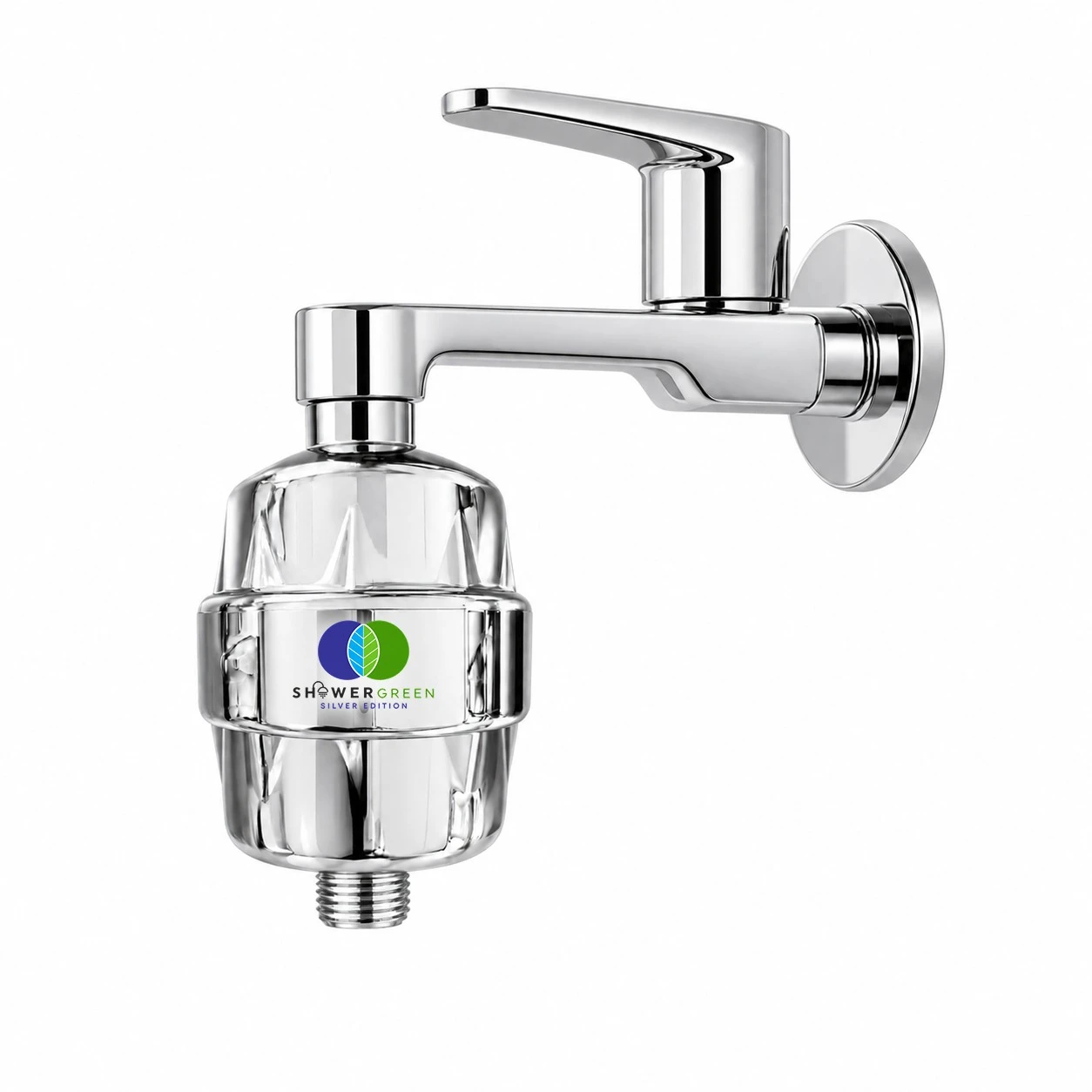 Mounted faucet filter close view showing ShowerGreen Silver Edition logo on the body