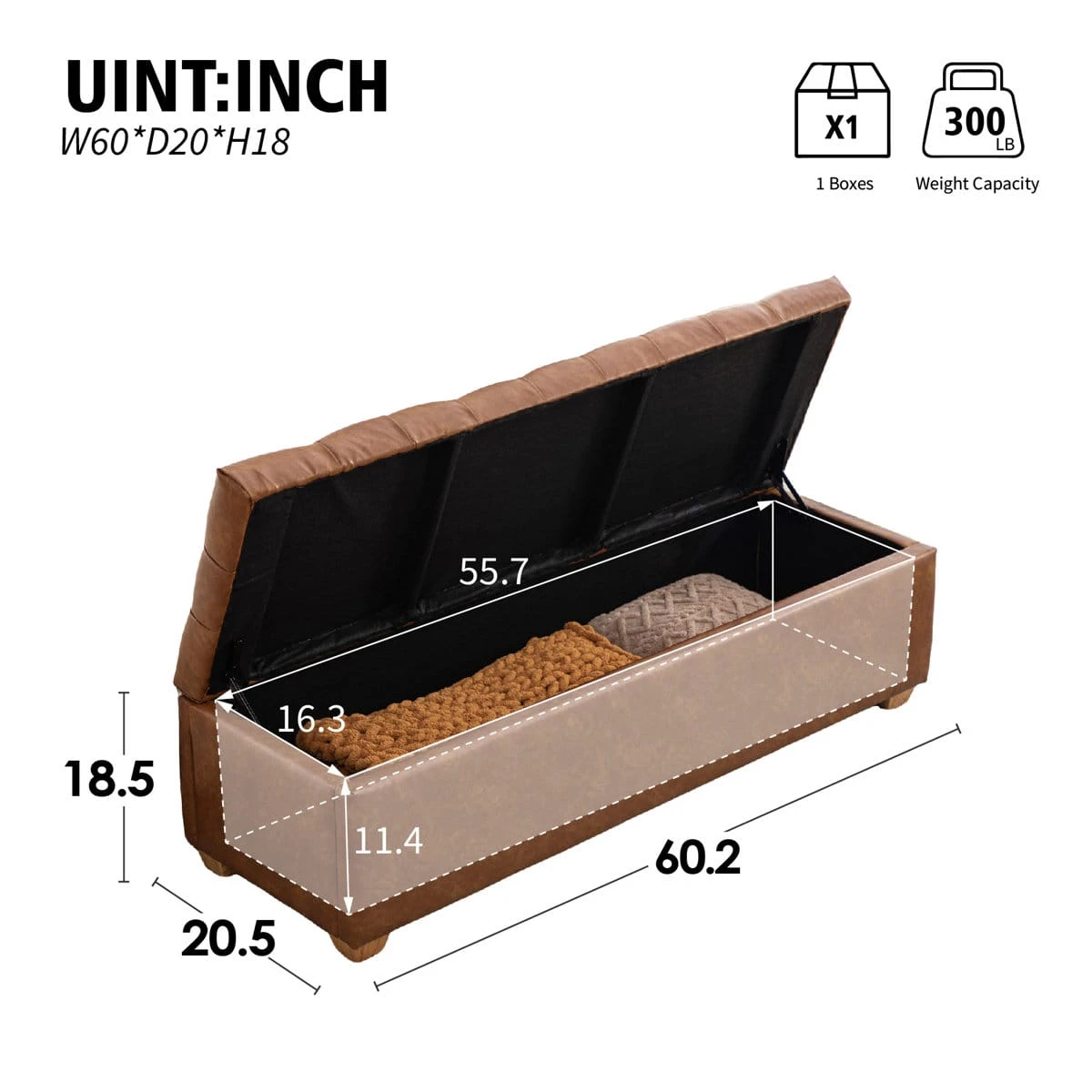 Dimension graphic showing 60.2 x 20.5 x 18.5 inch bench and 300 lb weight capacity