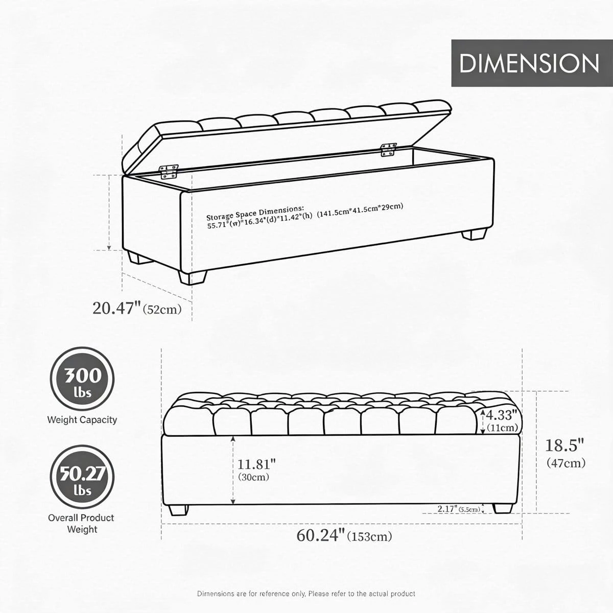Dimension diagram showing 153 cm length, 52 cm depth, 47 cm height and storage space details