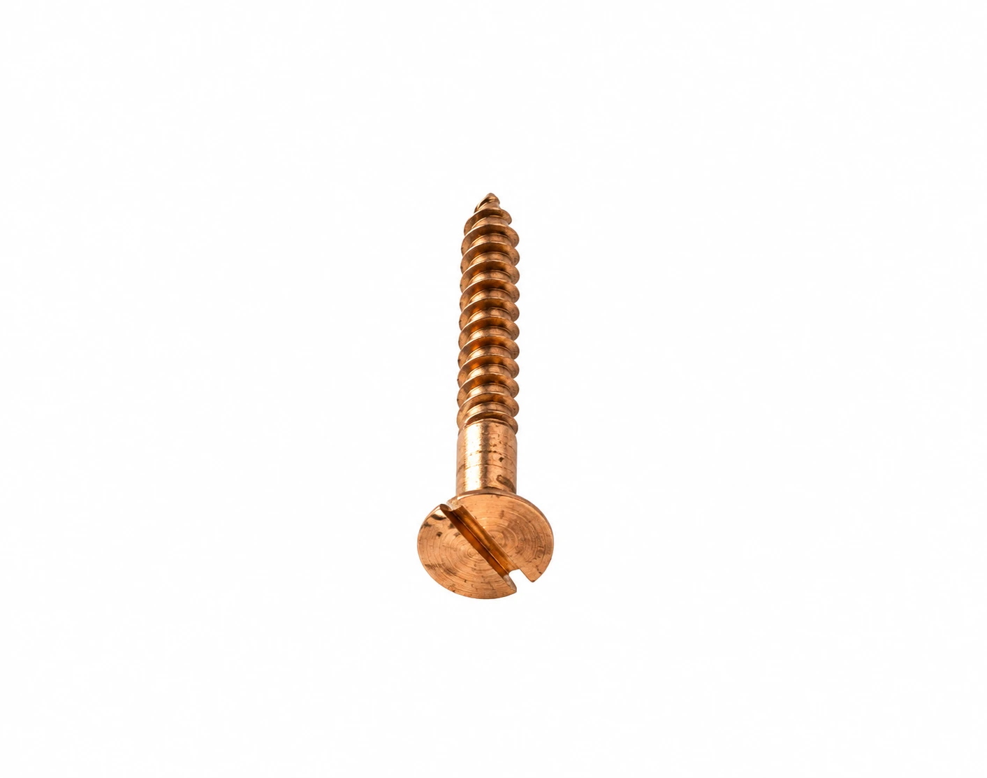 Copper screw angled to show the slotted head, partial smooth shank, and threaded tip on white
