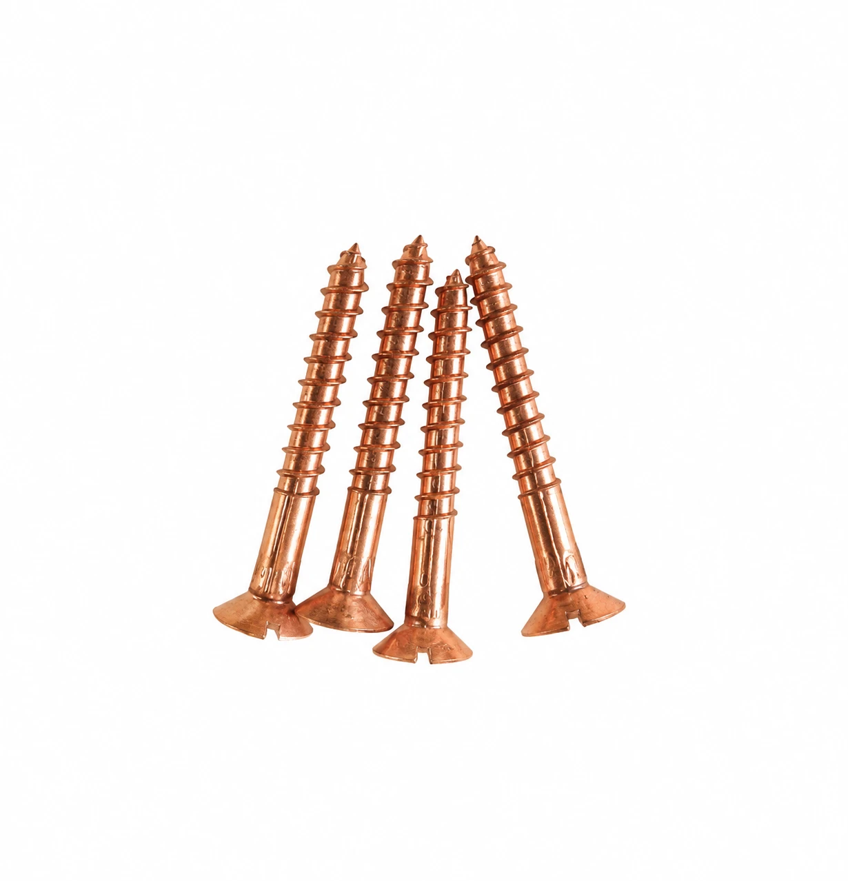 Four copper-finish slotted countersunk screws grouped together, showing varied lengths and coarse threads