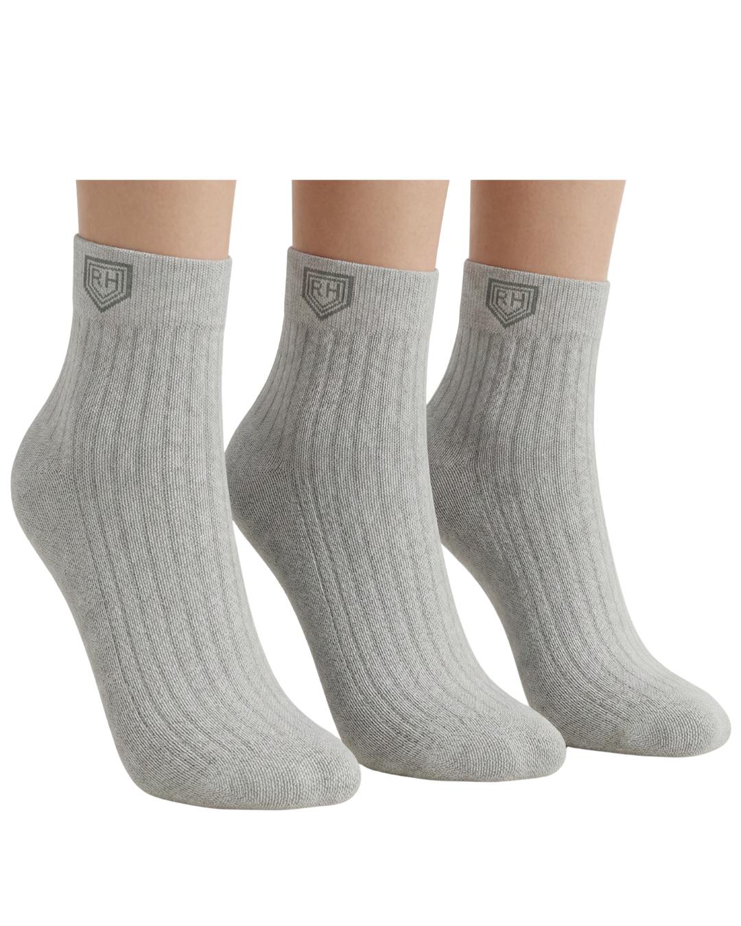 Three light grey ribbed ankle socks shown worn, with RH shield logo at the cuff