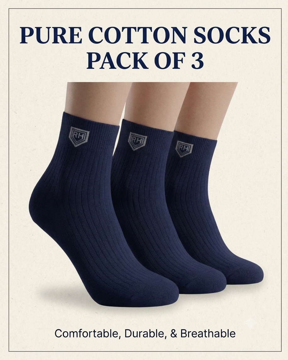 Product graphic showing three navy ribbed ankle socks on feet with RH shield logo and comfort tagline