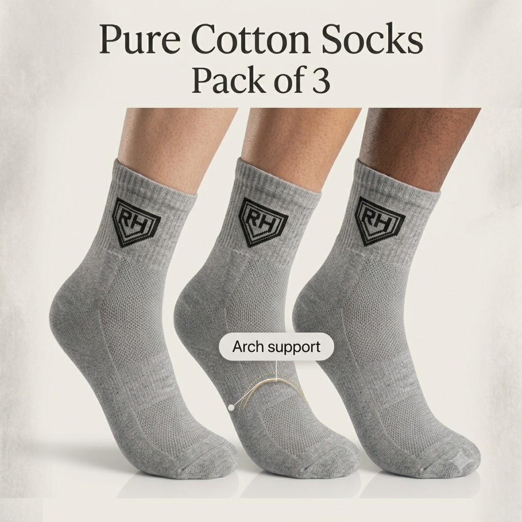 Product graphic with three grey RH crew socks worn on models and an arch support label