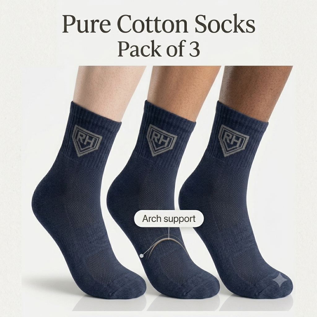 Product graphic reading "Pure Cotton Socks Pack of 3" above three navy RH crew socks with arch support callout
