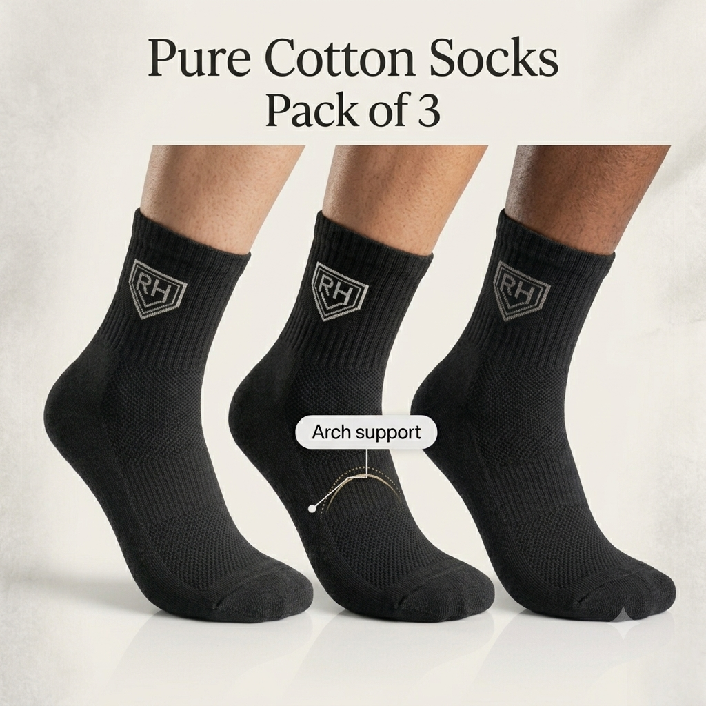 Graphic reading Pure Cotton Socks Pack of 3 above three black RH crew socks, with arch support callout