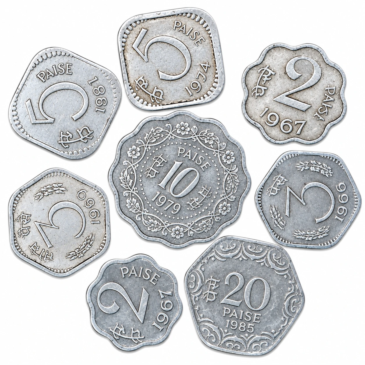 Assorted vintage Indian paise coins laid flat, showing 2, 5, 10 and 20 paise denominations