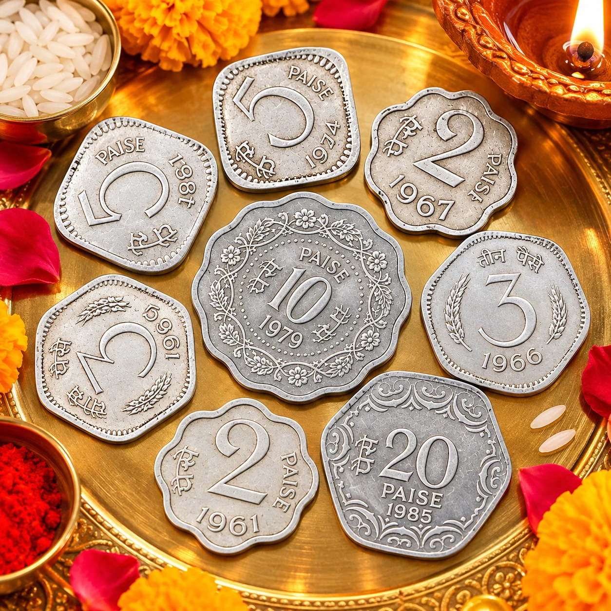 Vintage paise coins arranged on a brass puja thali with rice, marigolds, rose petals, kumkum, and a lit diya