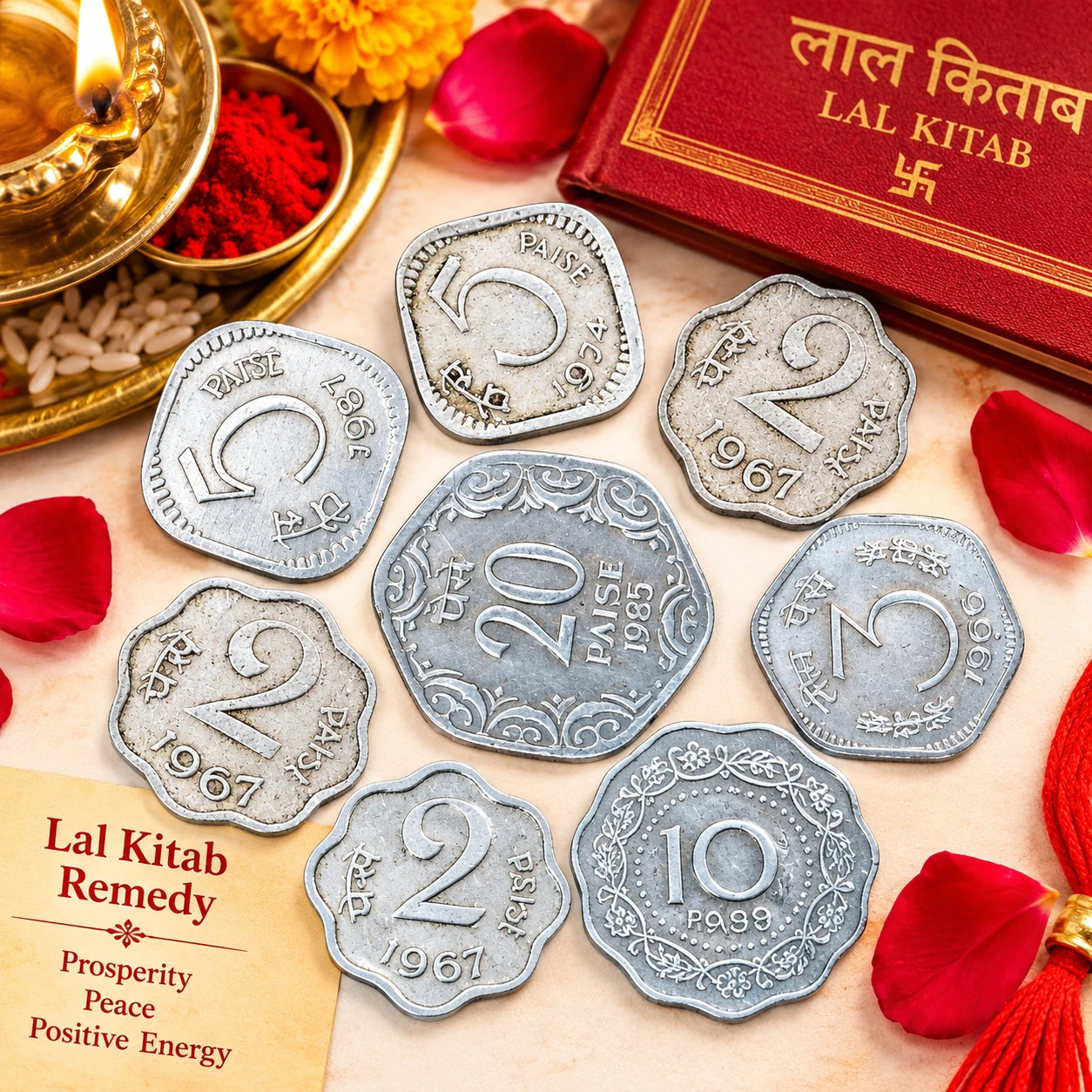 Vintage Indian paise coins displayed beside a Lal Kitab book, diya, kumkum, petals, and remedy card