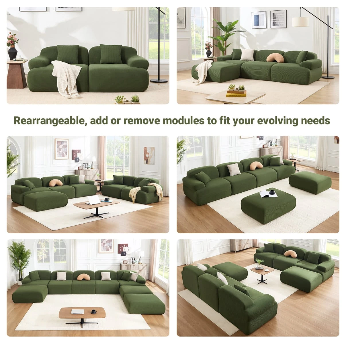Infographic showing multiple layout options for the green modular sofa with rearrangeable sections
