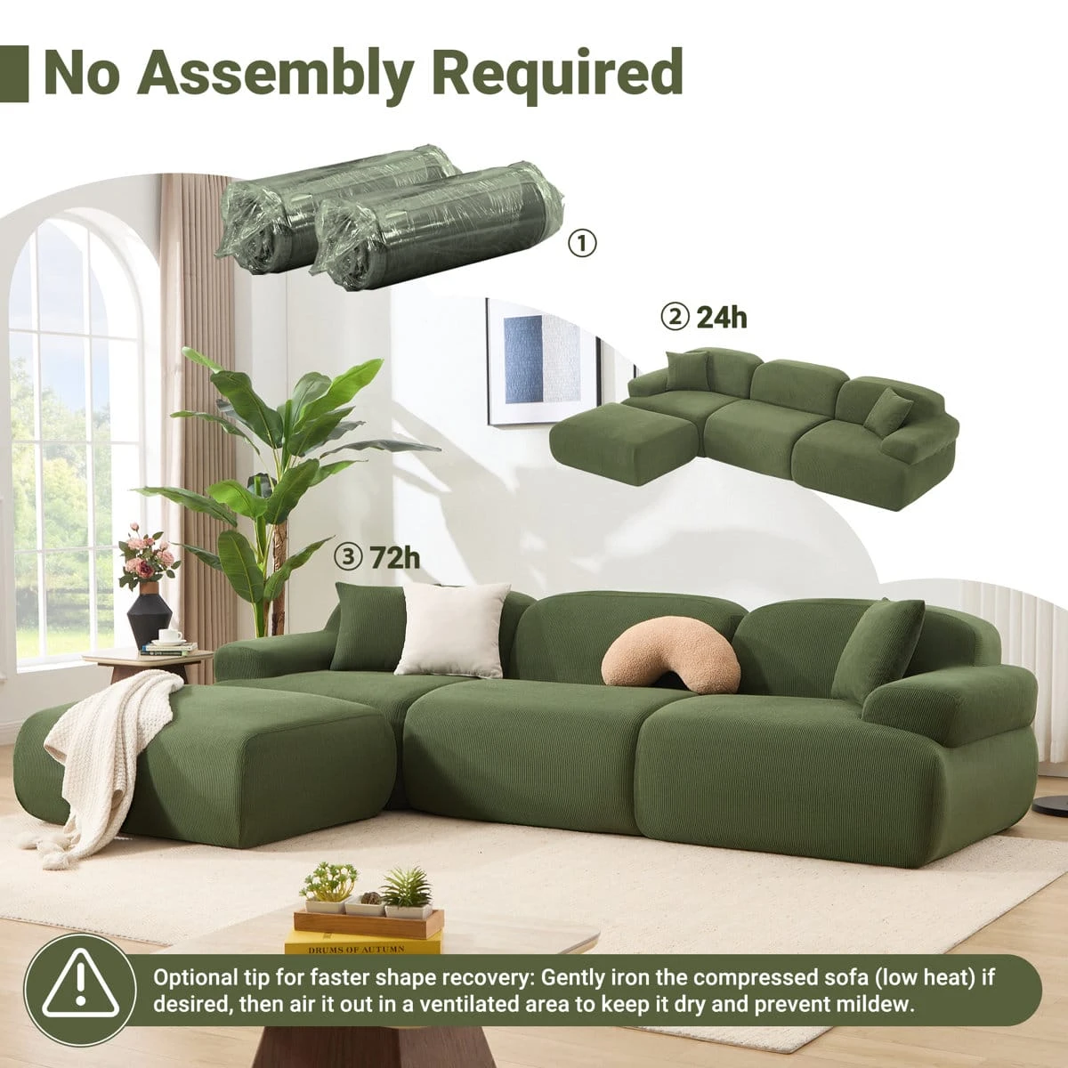 Setup guide graphic showing vacuum-packed sofa modules, recovery timeline and no-assembly feature