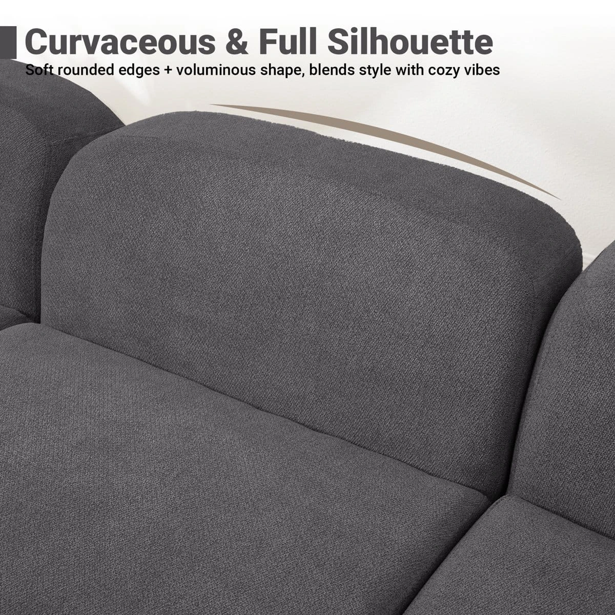 Close-up of the sofa backrest and seat showing rounded silhouette and textured dark grey upholstery