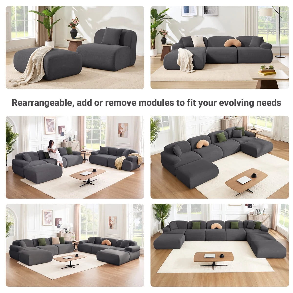 Collage showing multiple modular sofa layouts, from single chair and ottoman to large U-shaped setup