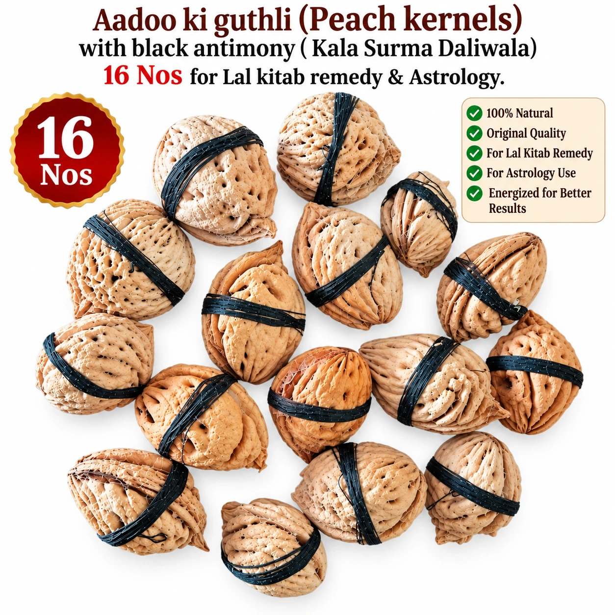 Product infographic showing 16 peach kernels with black antimony and text about Lal Kitab remedy use