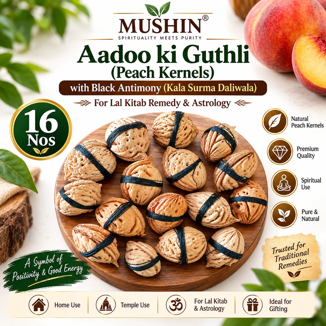 Product infographic with 16 peach kernels tied in black antimony on a wooden tray, plus remedy and use icons