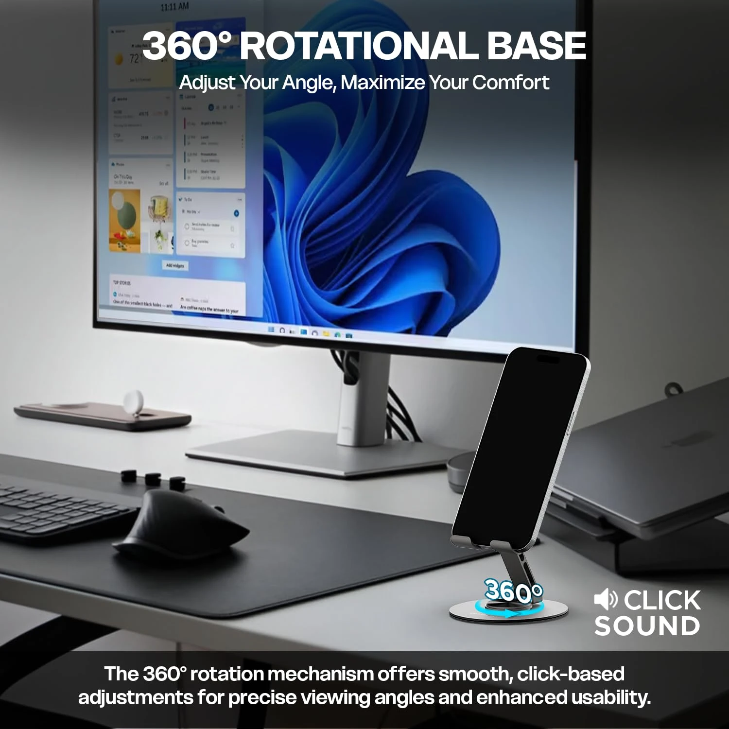 Phone stand on desk with smartphone mounted, showing 360° rotating base and click-sound feature
