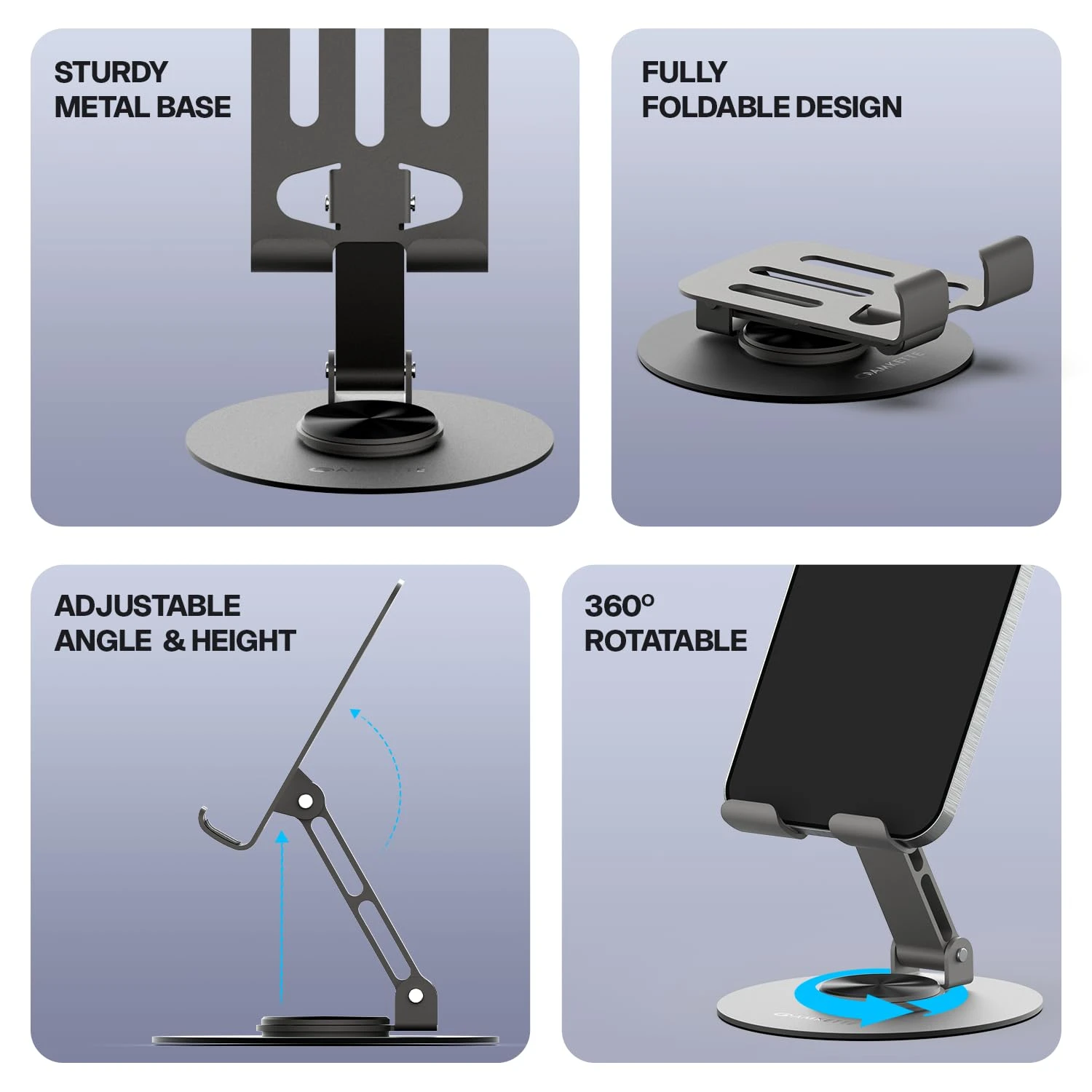 Four-panel feature collage showing metal base, foldable design, adjustable arm, and 360° rotation