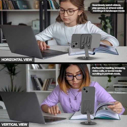 Stand shown in landscape and portrait use beside a laptop for reading and video calls