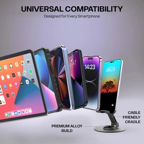 Compatibility graphic showing stand holding smartphones, with tablet and multiple phone sizes beside it