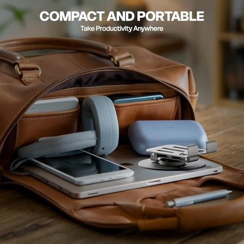 Folded stand packed inside a brown bag with tablet, headphones, and accessories