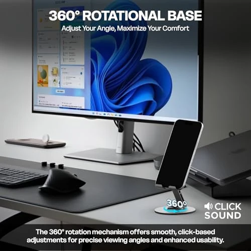 Workspace lifestyle view with mounted phone stand highlighting rotational base and viewing comfort