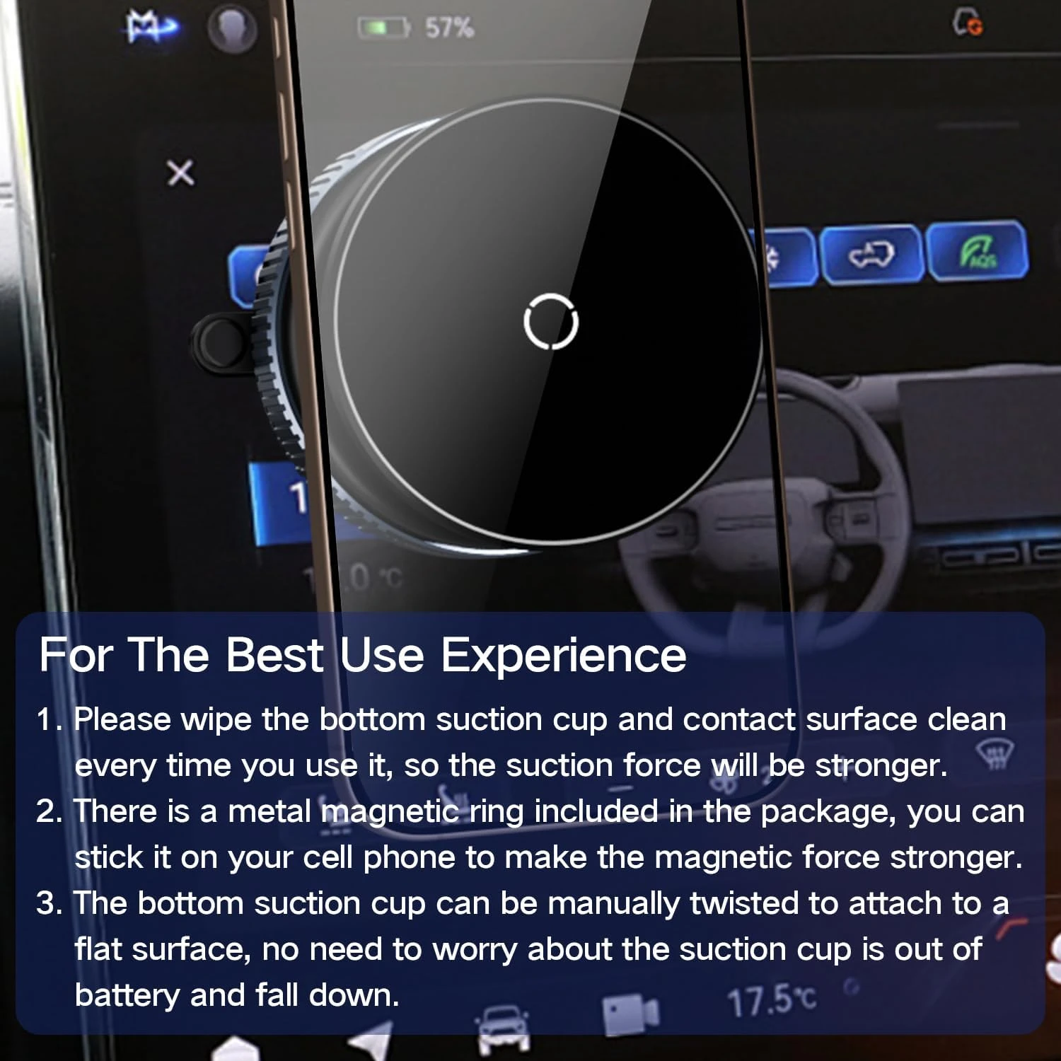 Front view of black magnetic suction phone mount with usage tips overlay on a car screen background