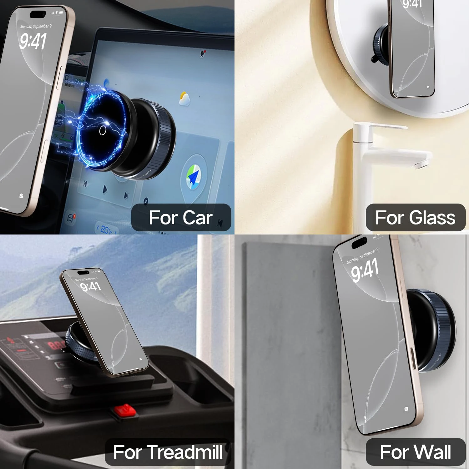 Collage showing the mount used on a car dash, glass mirror, treadmill console and wall