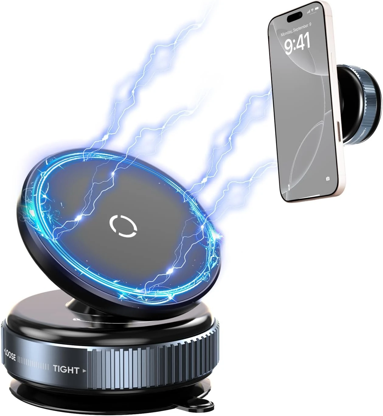 Black magnetic phone mount with twist-lock suction base and floating phone demo on white background