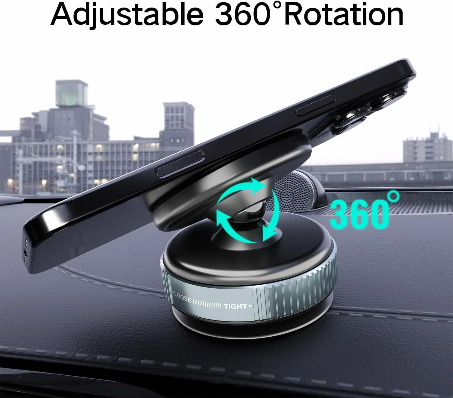 Side view of phone mounted horizontally on the holder with 360° rotation graphic on a car dashboard