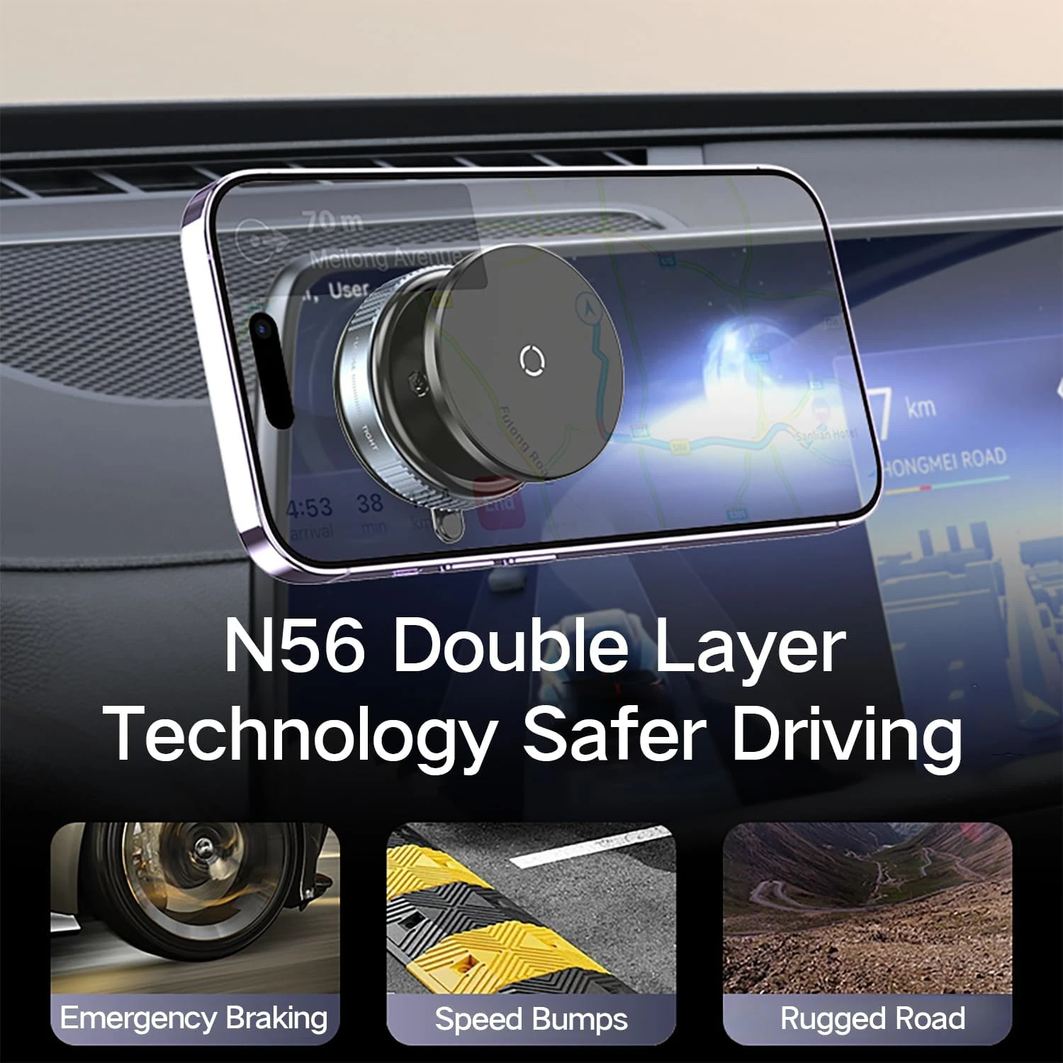Phone attached to the mount in landscape mode on a car display with driving stability claims