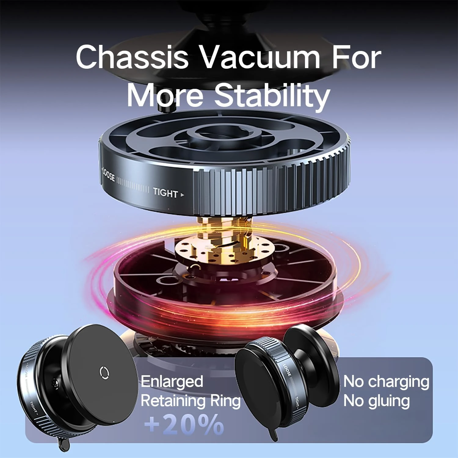 Exploded view of the suction base and locking ring showing vacuum structure and stability feature