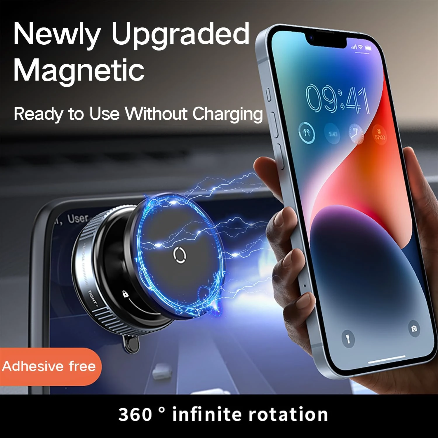 Hand holding a phone near the magnetic mount on a dashboard with adhesive-free and no-charging text