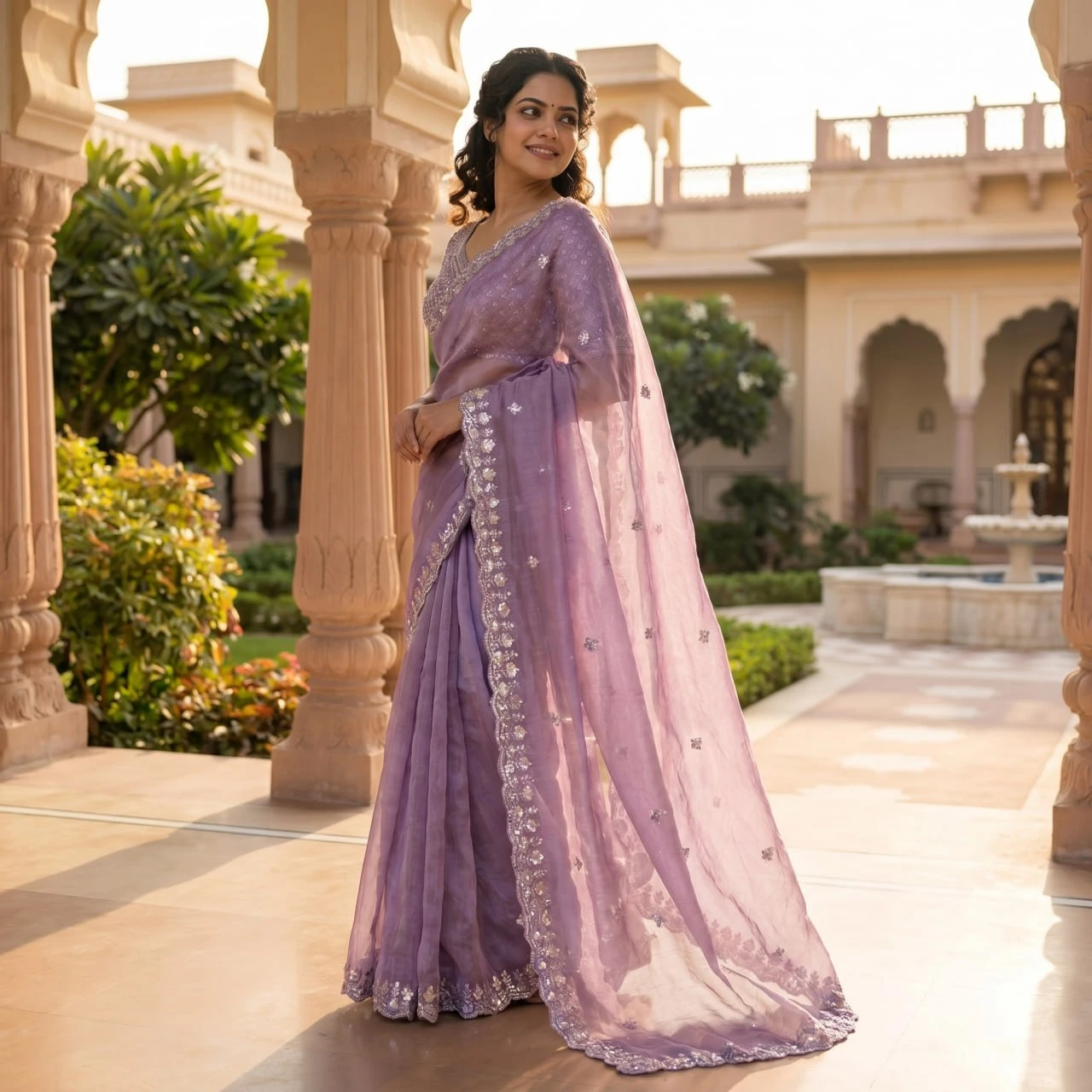 Outdoor full-length side view showing the sheer lavender pallu and floral embroidered edging
