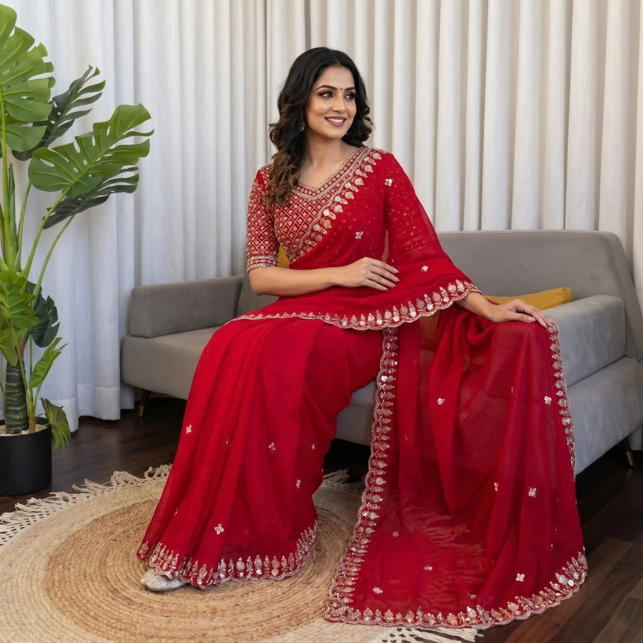 Same saree design shown in red variant with heavy border and matching embellished blouse