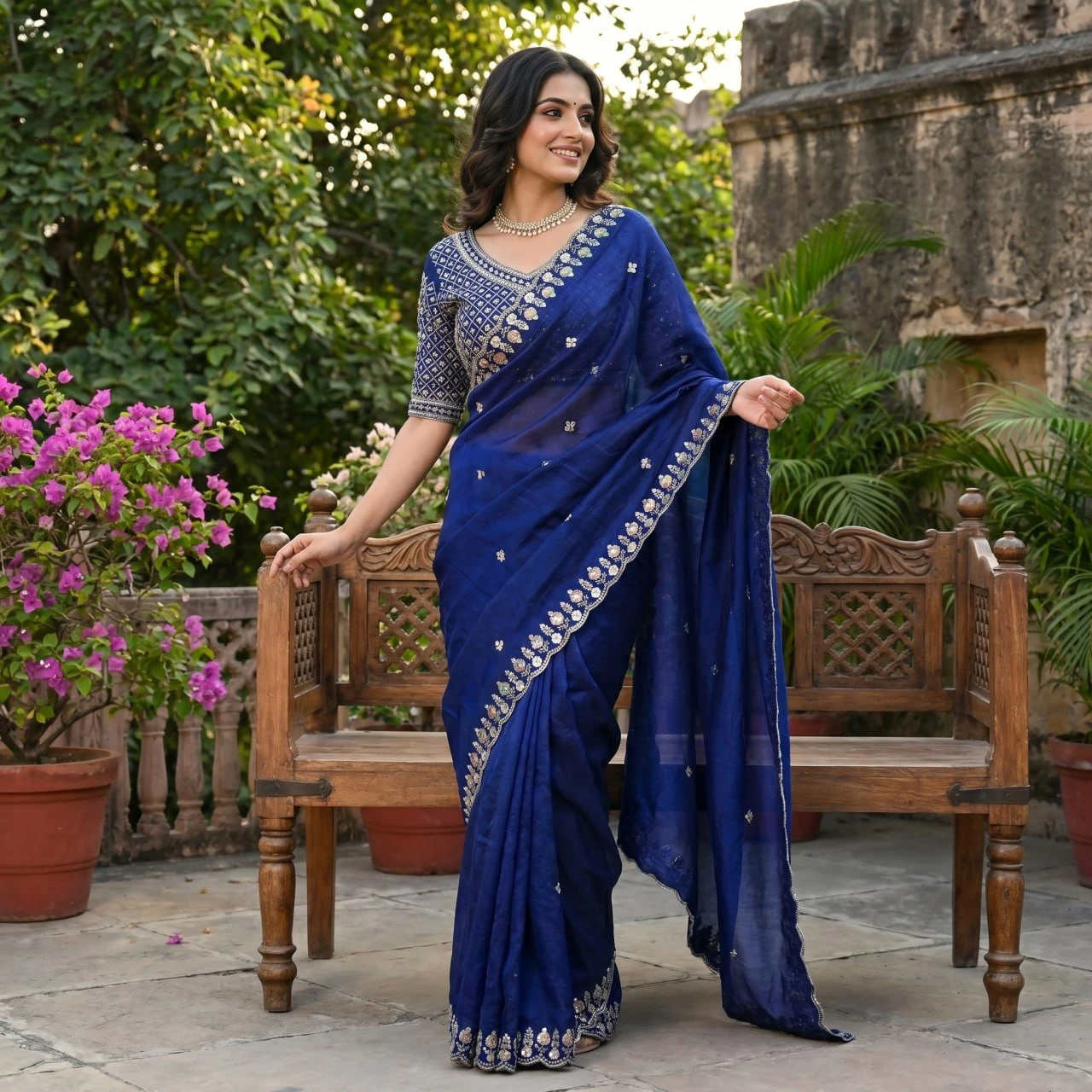 Navy blue variant shown outdoors with full drape, embroidered blouse, and bordered pallu