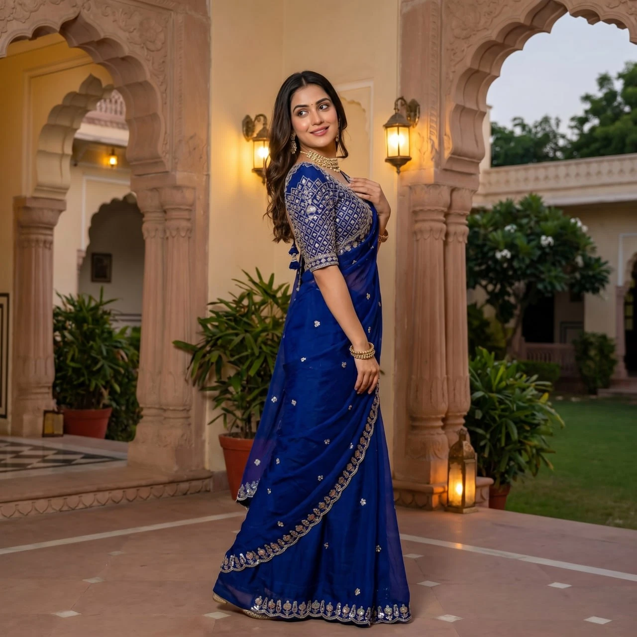 Side profile of navy blue saree under archway, highlighting blouse back tassels and drape