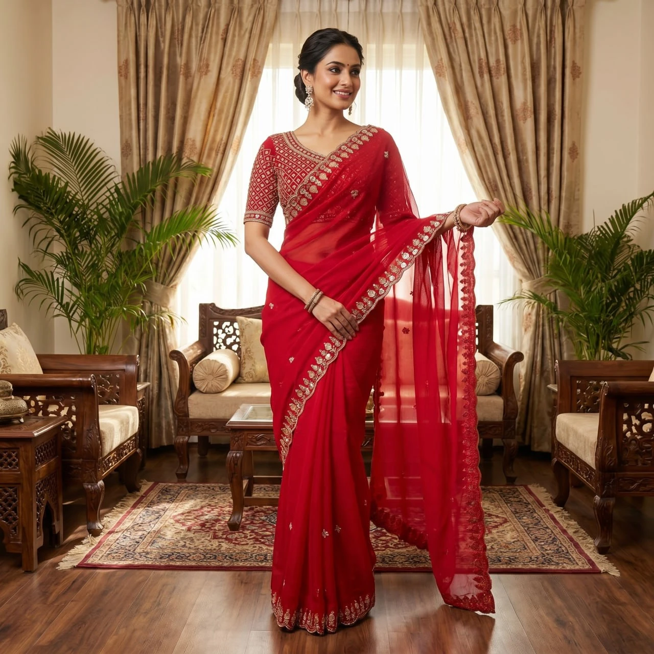 Lavender embroidered saree draped on seated model, showing full pallu and scalloped embellished border