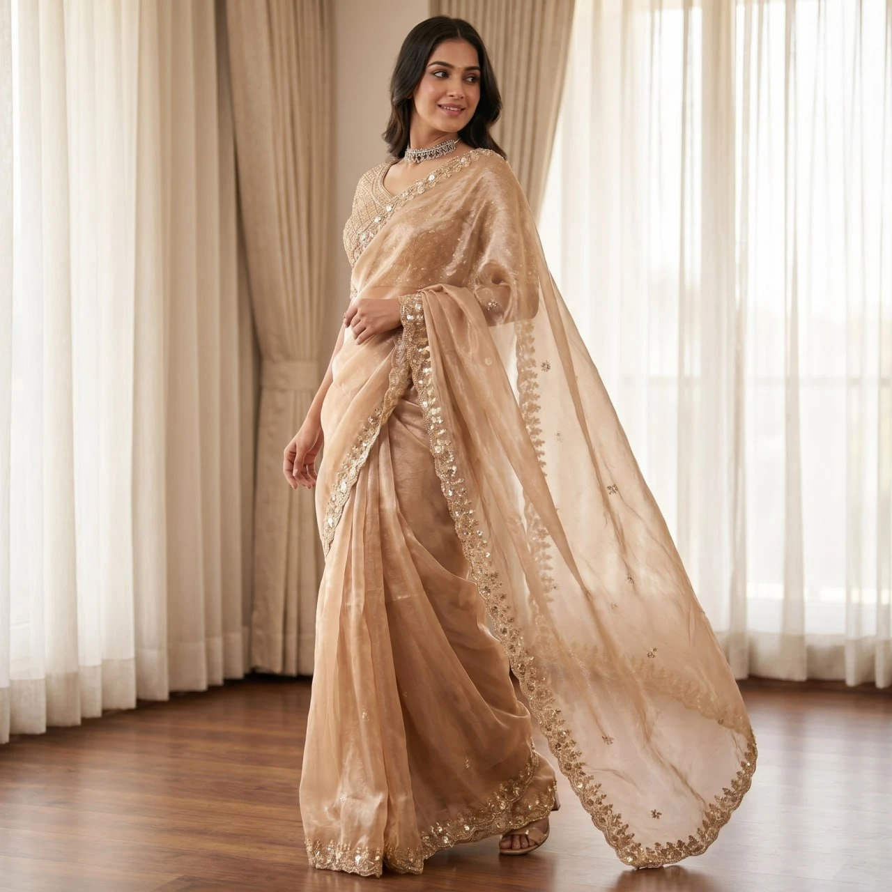 Lavender embroidered saree draped on seated model, showing full pallu and scalloped embellished border