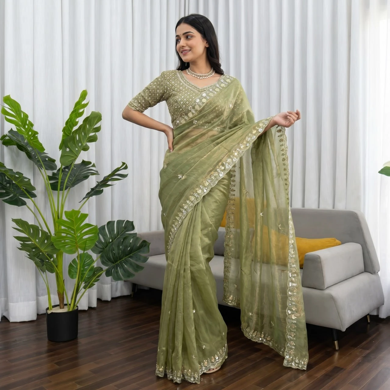 Lavender embroidered saree draped on seated model, showing full pallu and scalloped embellished border