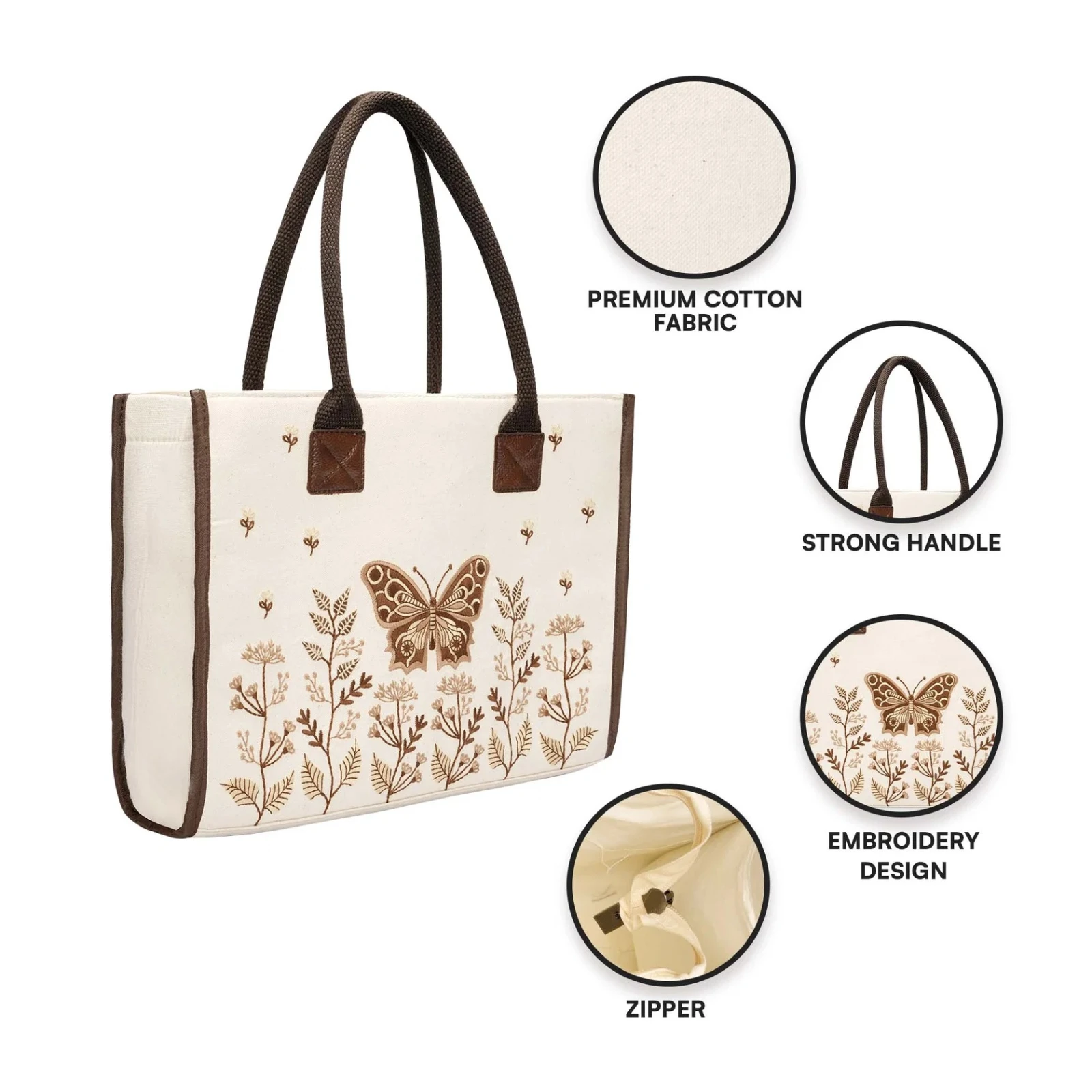 Angled view with feature callouts for cotton fabric, strong handles, zipper and embroidery