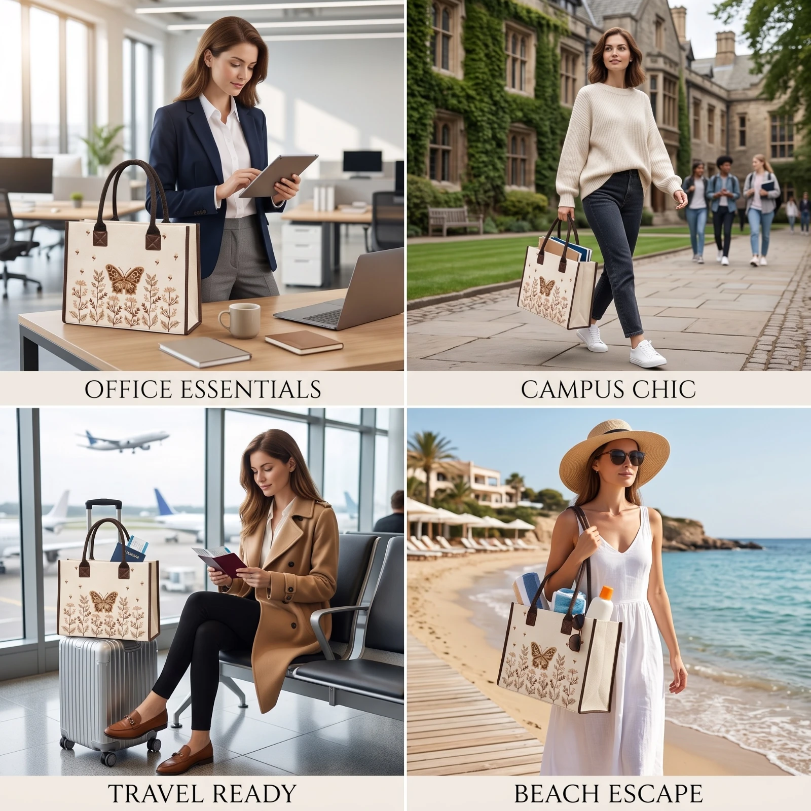 Lifestyle collage showing the tote used for office, campus, travel and beach outings