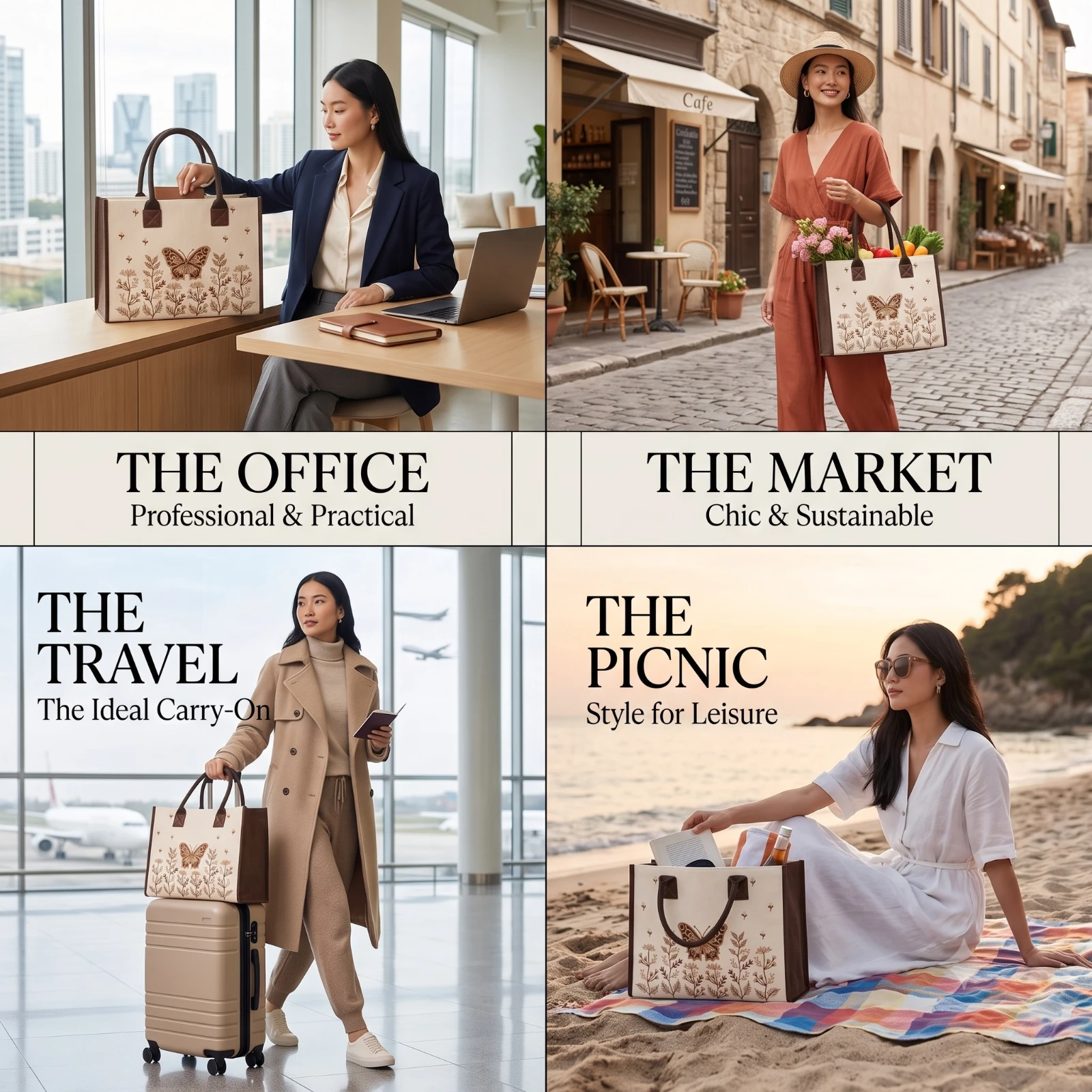Four-use collage featuring the tote at office, market, airport and picnic settings