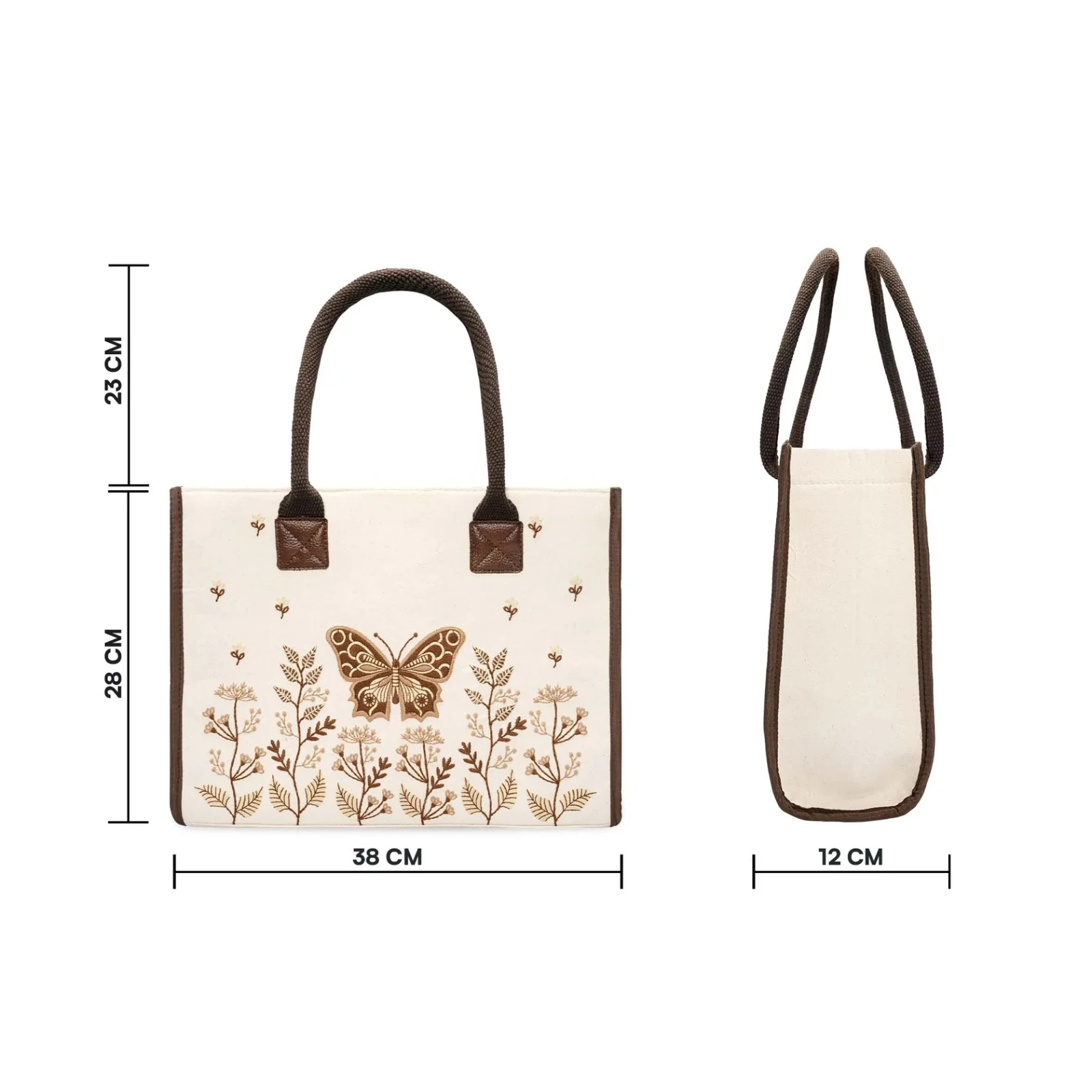 Dimension graphic showing front and side views with 38 cm width, 28 cm height and 12 cm depth