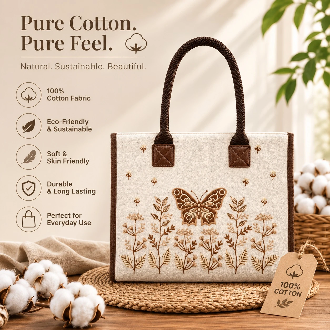 Promotional graphic highlighting 100% cotton fabric and eco-friendly everyday use